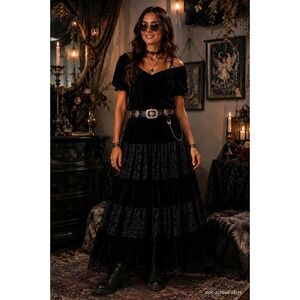 Womens Vintage Y2K Witchy Whimsigoth Velvet‎ Tiered Maxi Skirt Large Steampunk